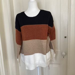 Color block sweater in vibrant but neutral shades, so pretty for winter, size L